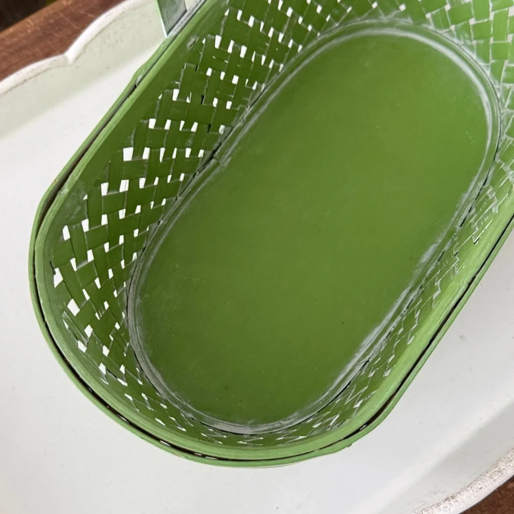 Vintage Burton & Burton Handpainted Green Oval Woven Basket with Handle